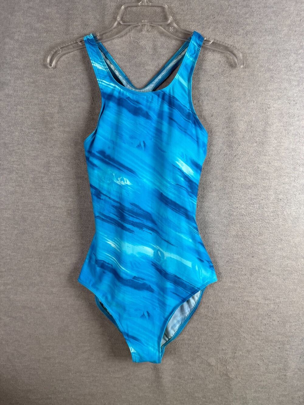 LL Bean Women's 12 Long One Piece Swimsuit High Neck Racerback Blue Paintbrush